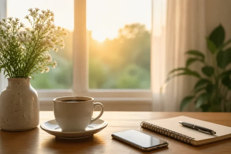 Warm morning scene with coffee, notebook, and phone for good morning messages.