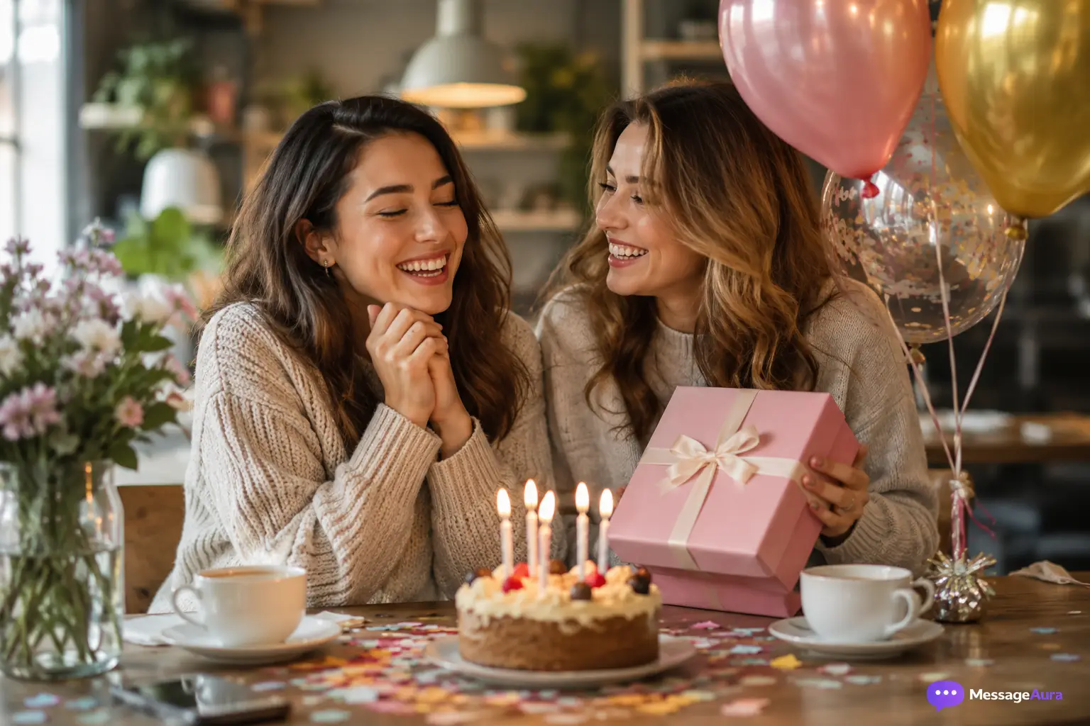 Best friends celebrating birthday with cake and warm smiles