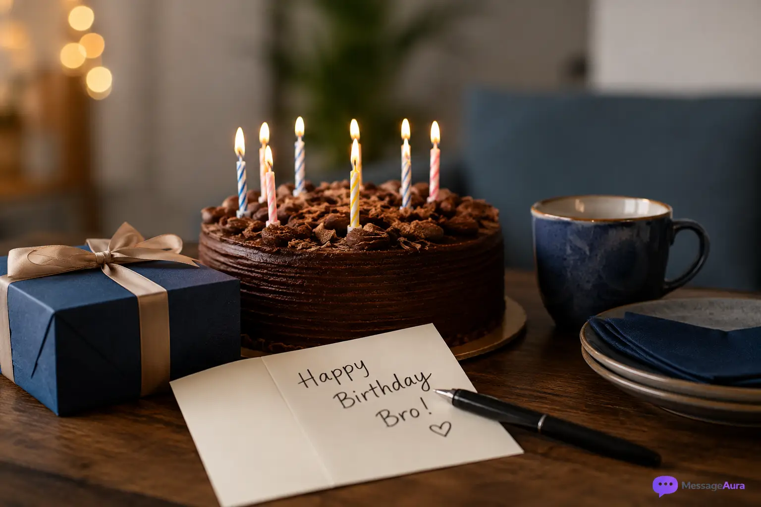 Birthday cake and gift setup for birthday wishes for brother