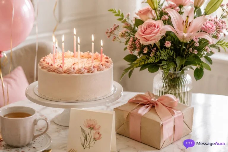 Birthday cake and gift setup for heartfelt birthday wishes for sister