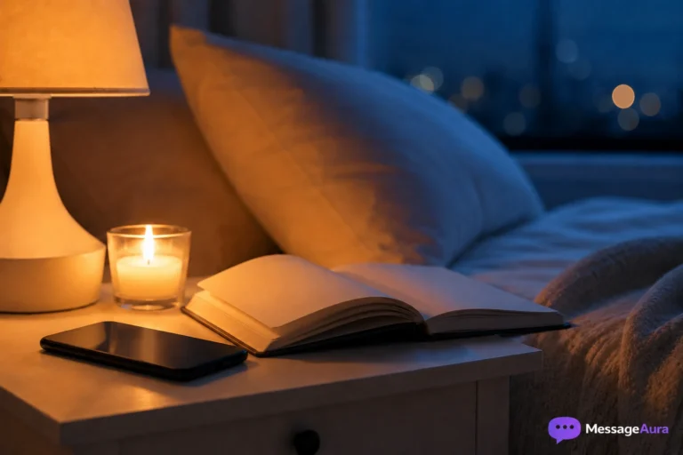 Peaceful night scene with phone and warm light for good night messages