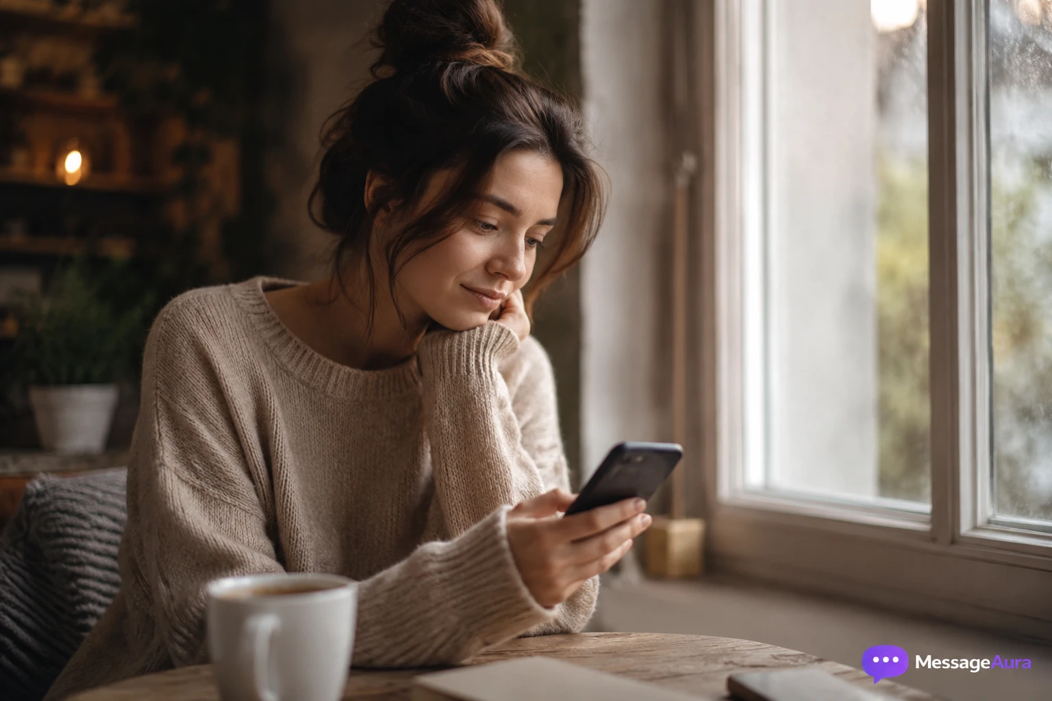 Person holding phone near window for emotional I miss you messages