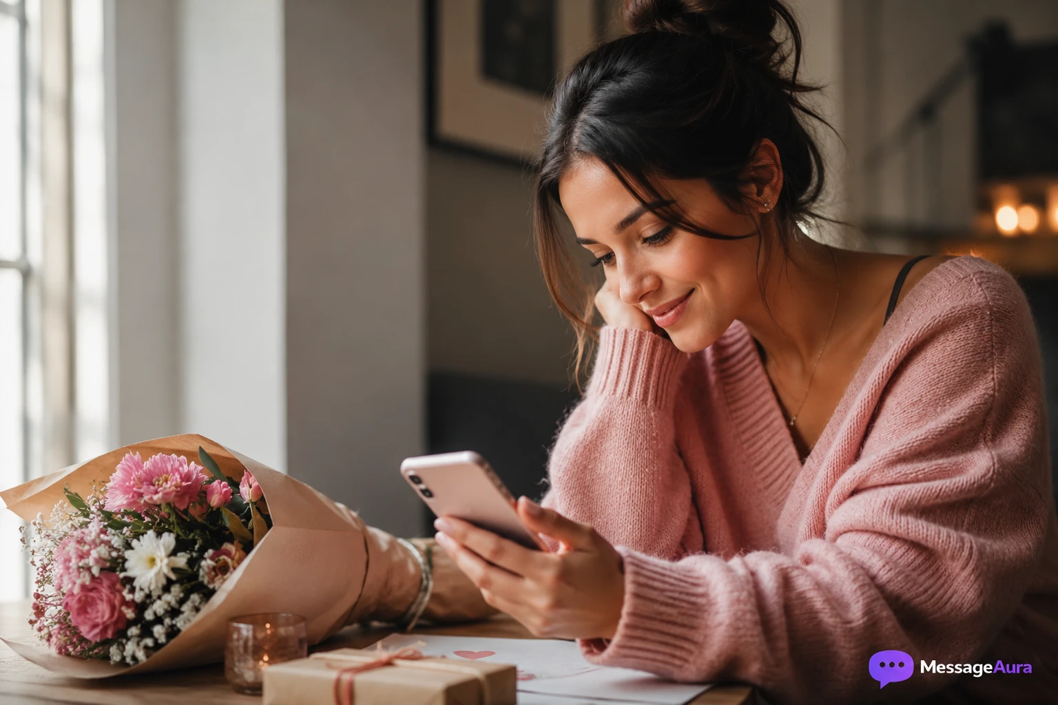 Romantic note and phone with soft light for love messages for him