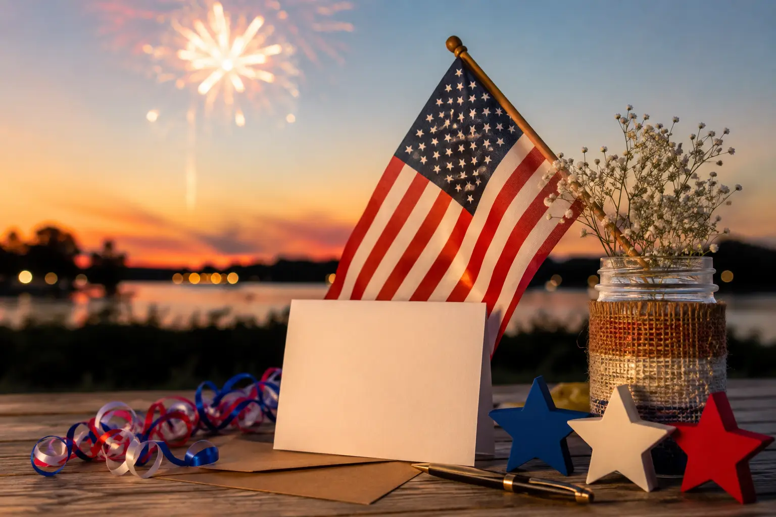 Red white and blue 4th of July social media caption setup with fireworks and summer decor.