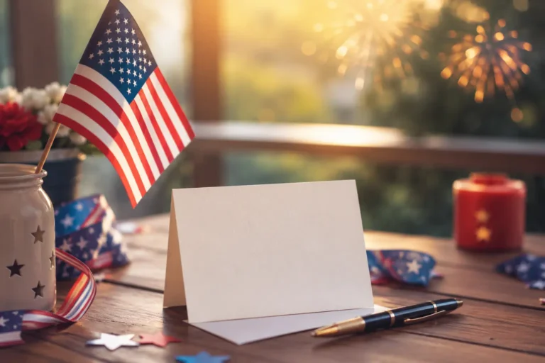 Patriotic 4th of July setup with fireworks, American flag colors, coffee, and greeting card.