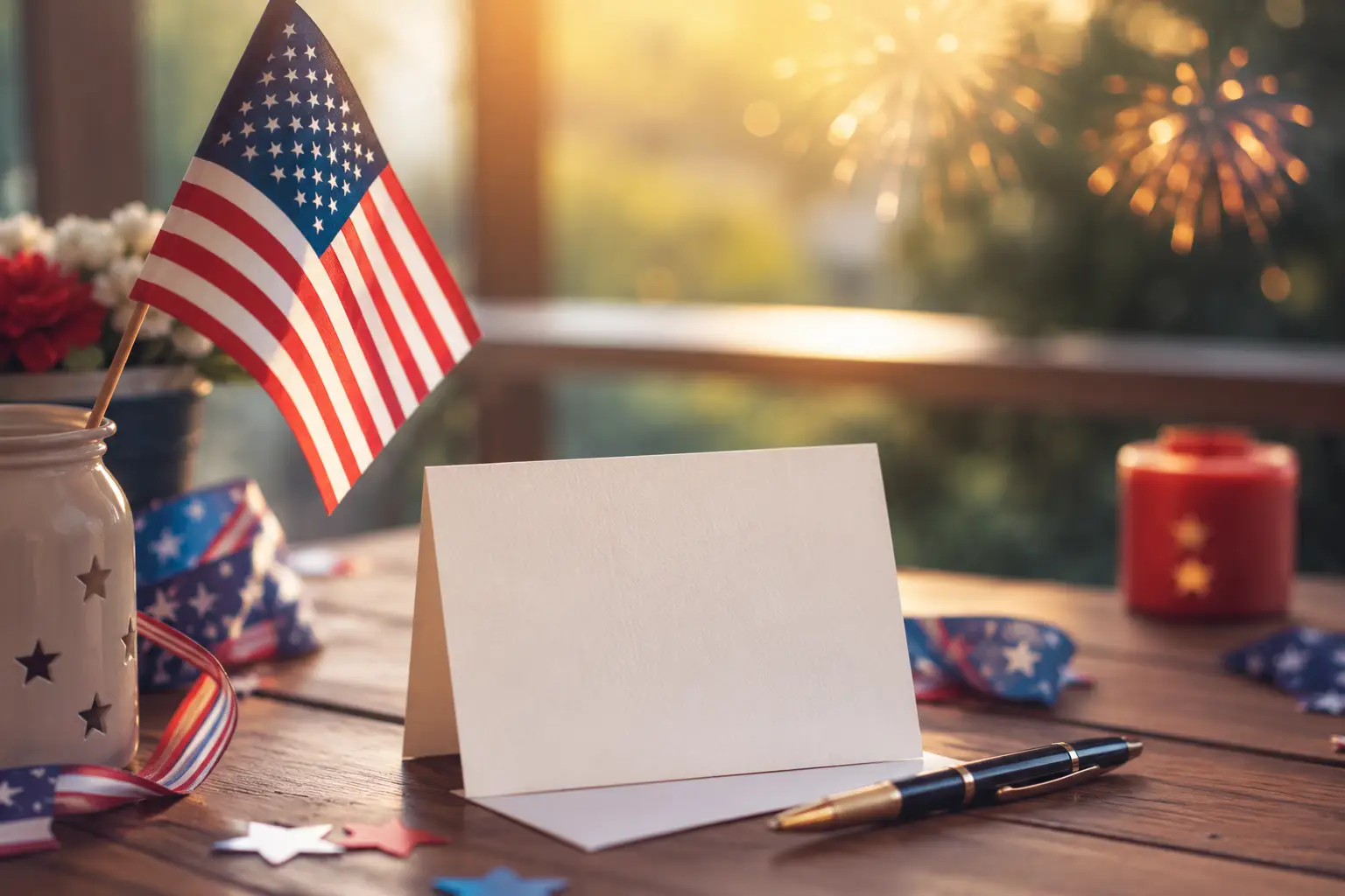 Patriotic 4th of July setup with fireworks, American flag colors, coffee, and greeting card.