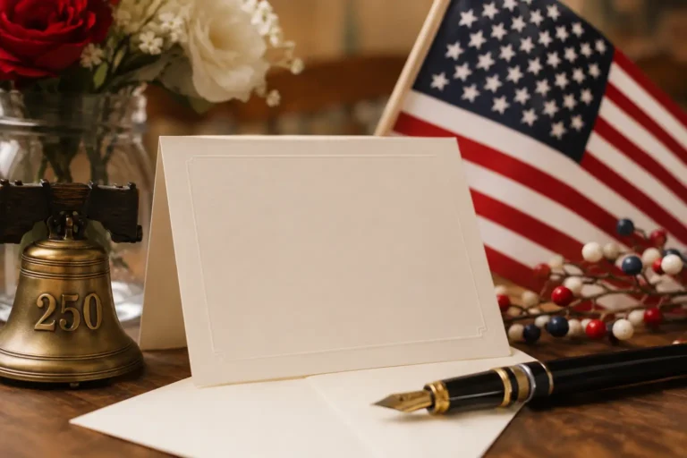 Patriotic quote card with American flag colors, warm light, notebook, and MessageAura branding.
