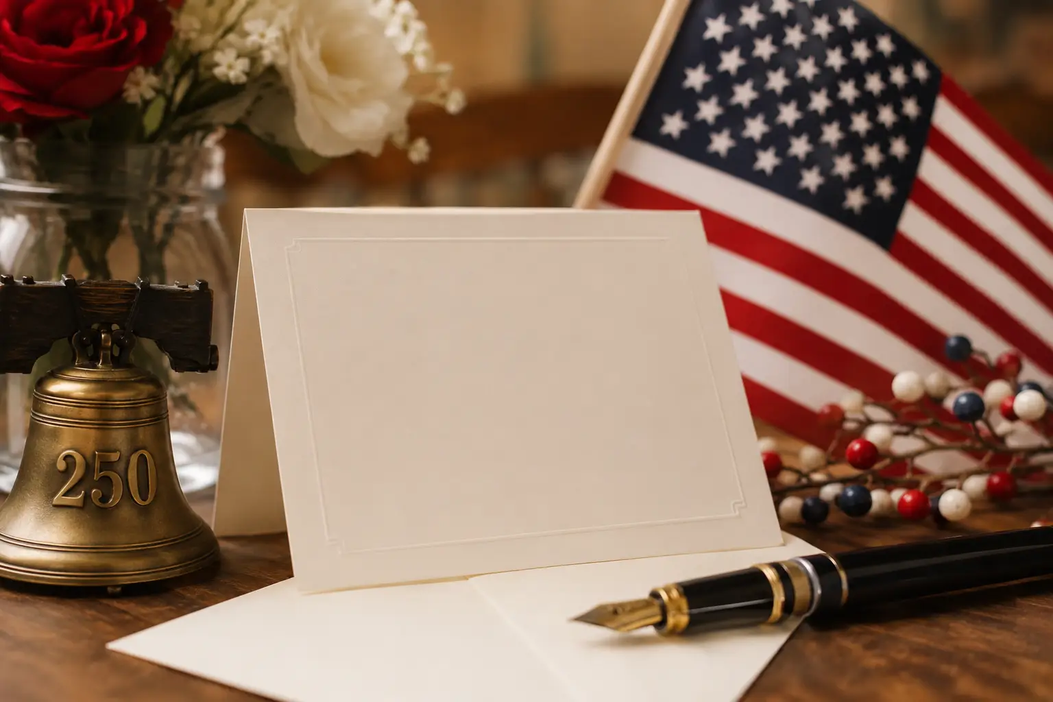 Patriotic quote card with American flag colors, warm light, notebook, and MessageAura branding.