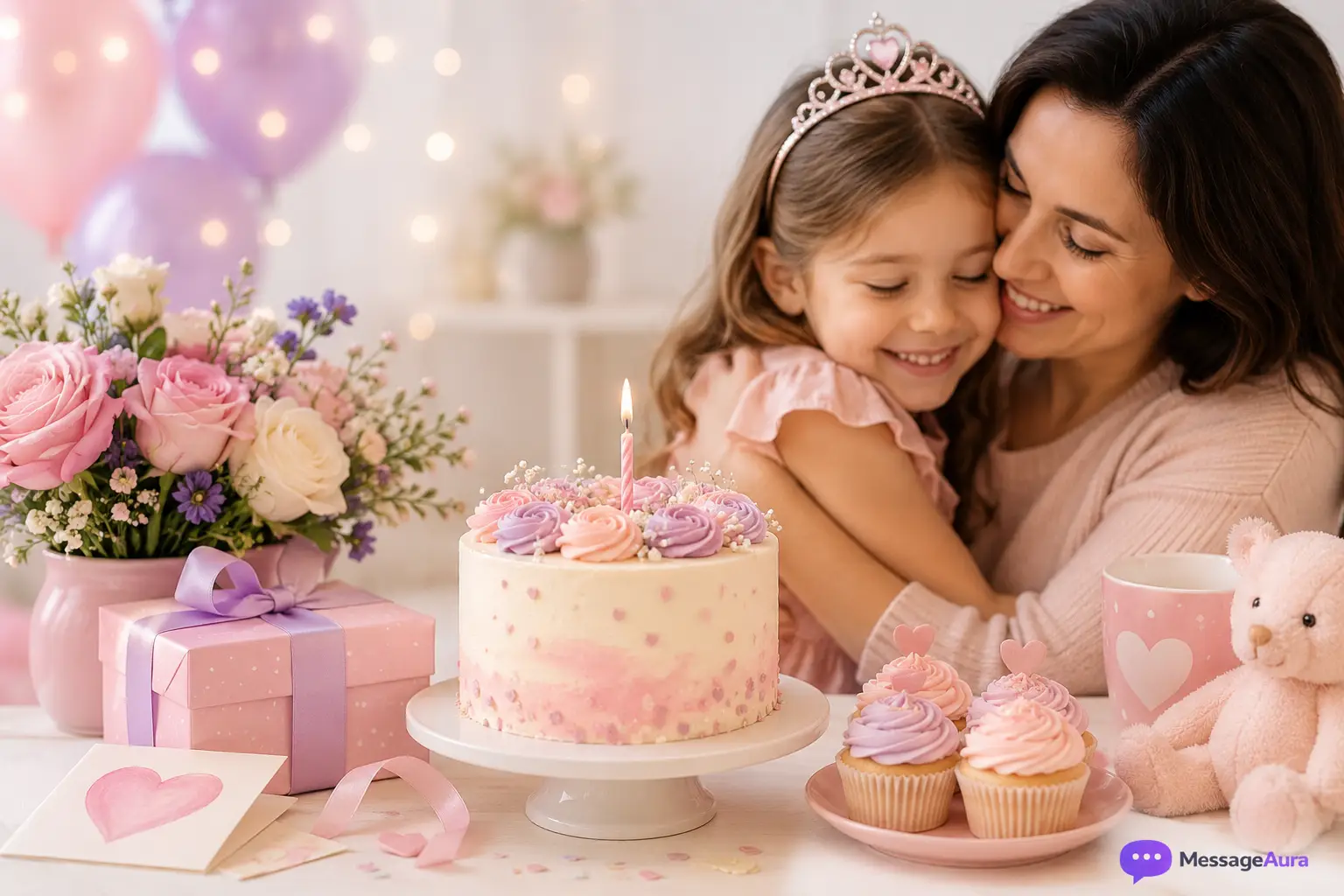 Soft birthday cake and gift setup for heartfelt birthday wishes for daughter