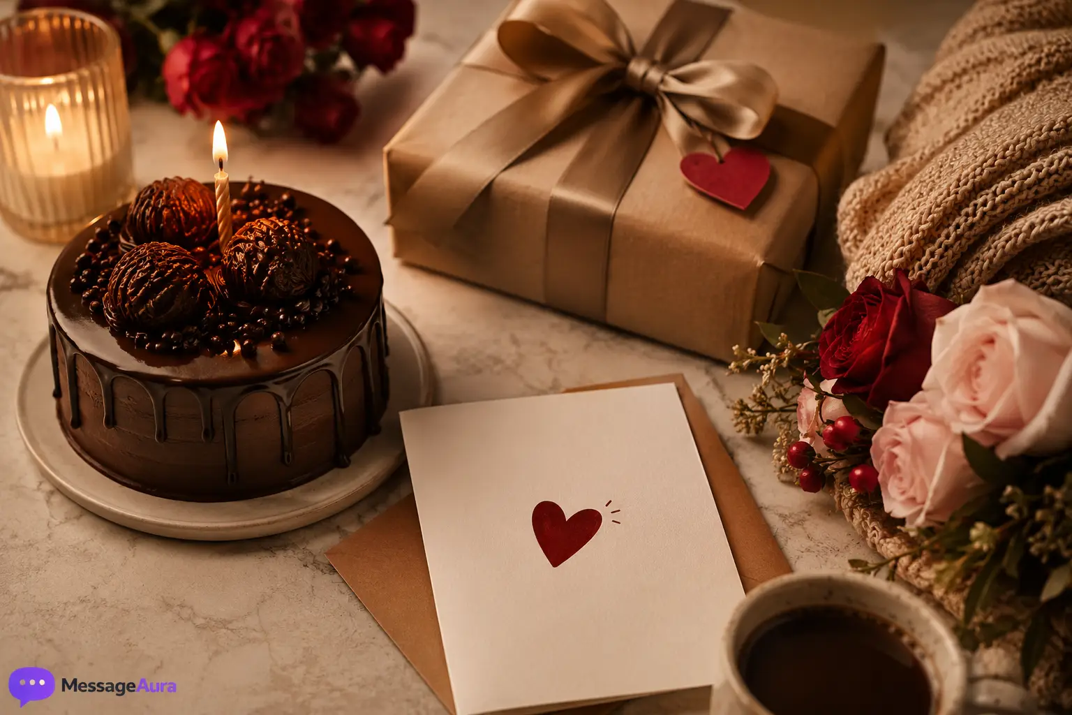 Romantic birthday setup with cake, gift, and card for birthday wishes for husband