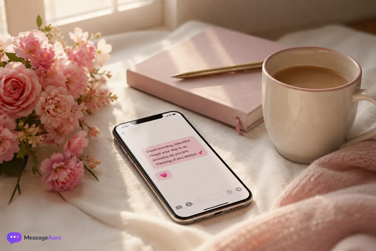 Soft morning scene with phone and flowers for good morning messages for her