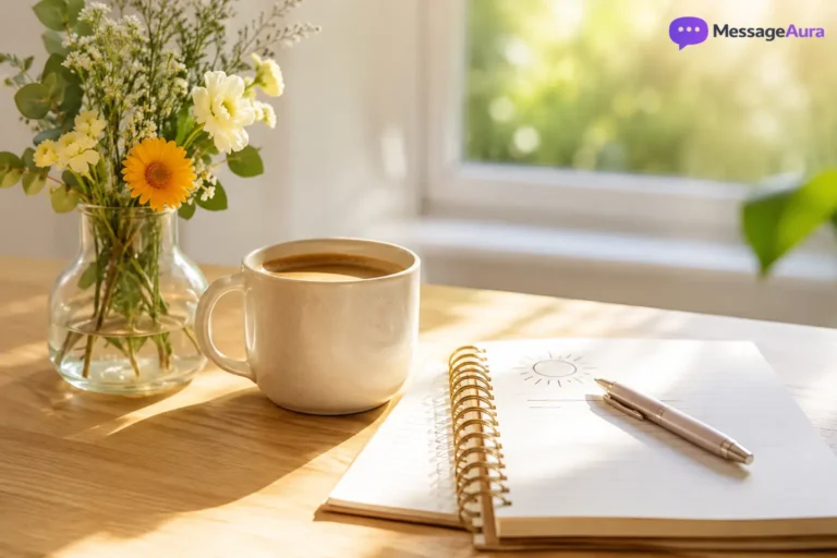 Bright sunrise scene with coffee and journal for positive good morning messages
