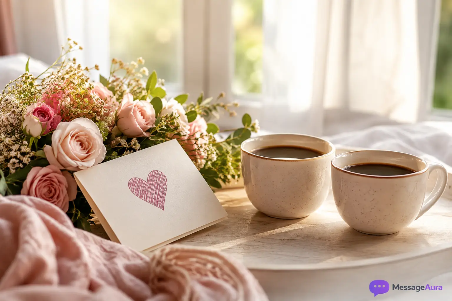 Soft sunrise with flowers and coffee for romantic good morning messages