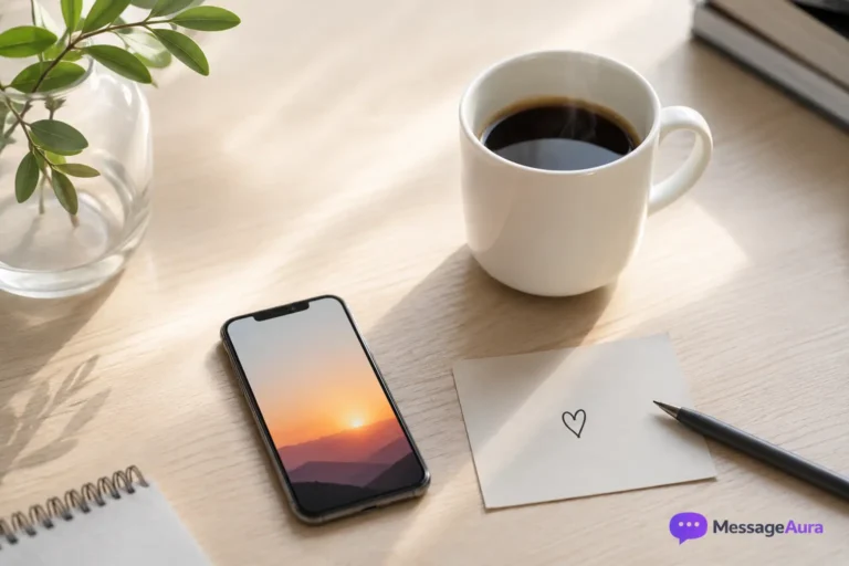 Minimal morning coffee and note setup for short good morning messages