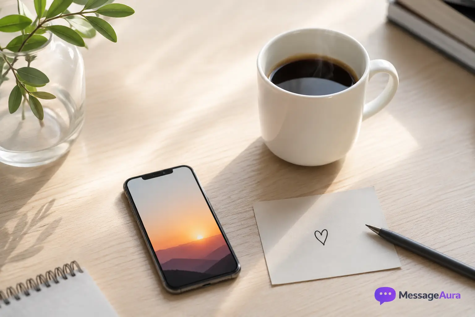 Minimal morning coffee and note setup for short good morning messages