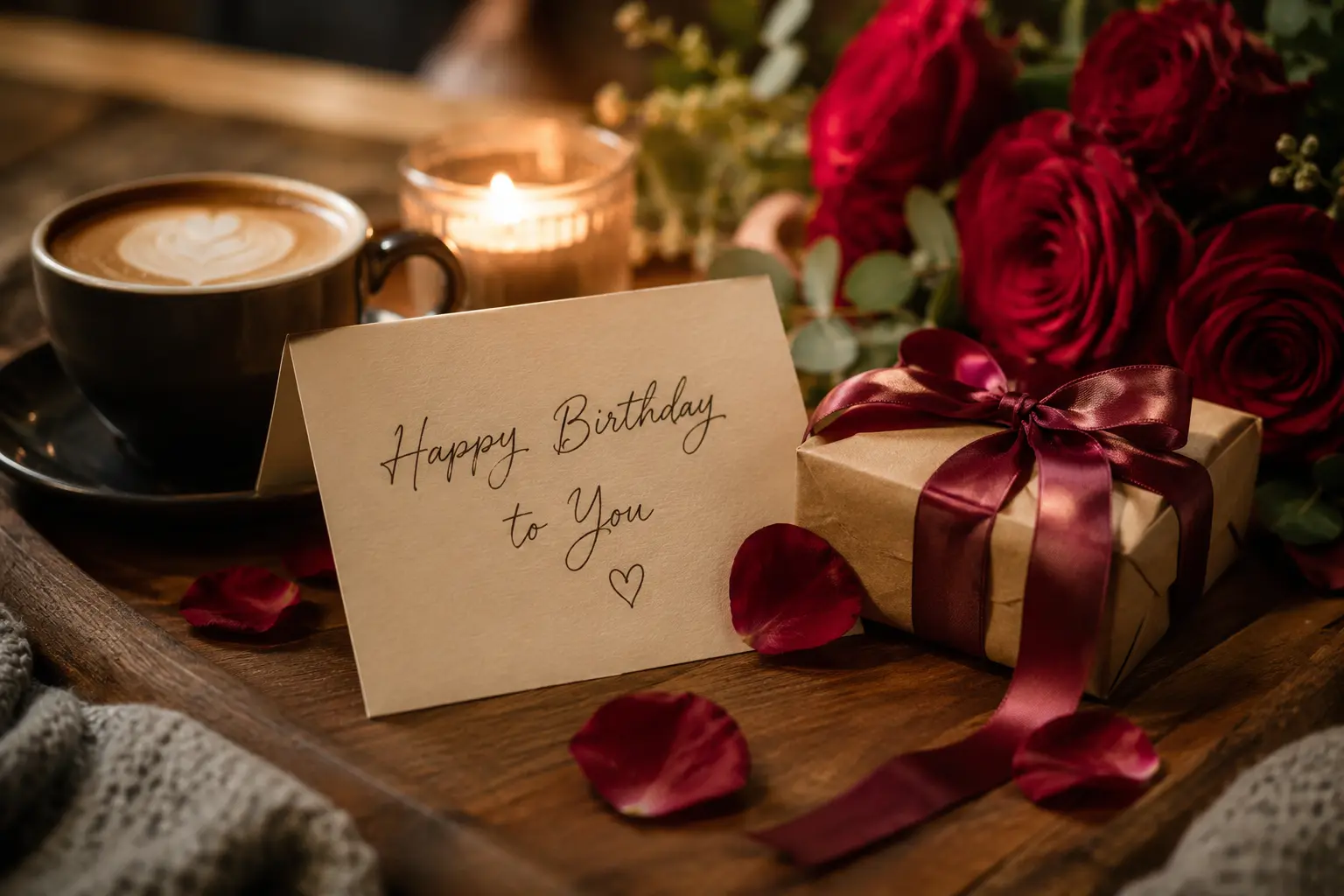 Clean emotional featured image for birthday wishes for boyfriend with a greeting card, flowers, and warm natural lighting.
