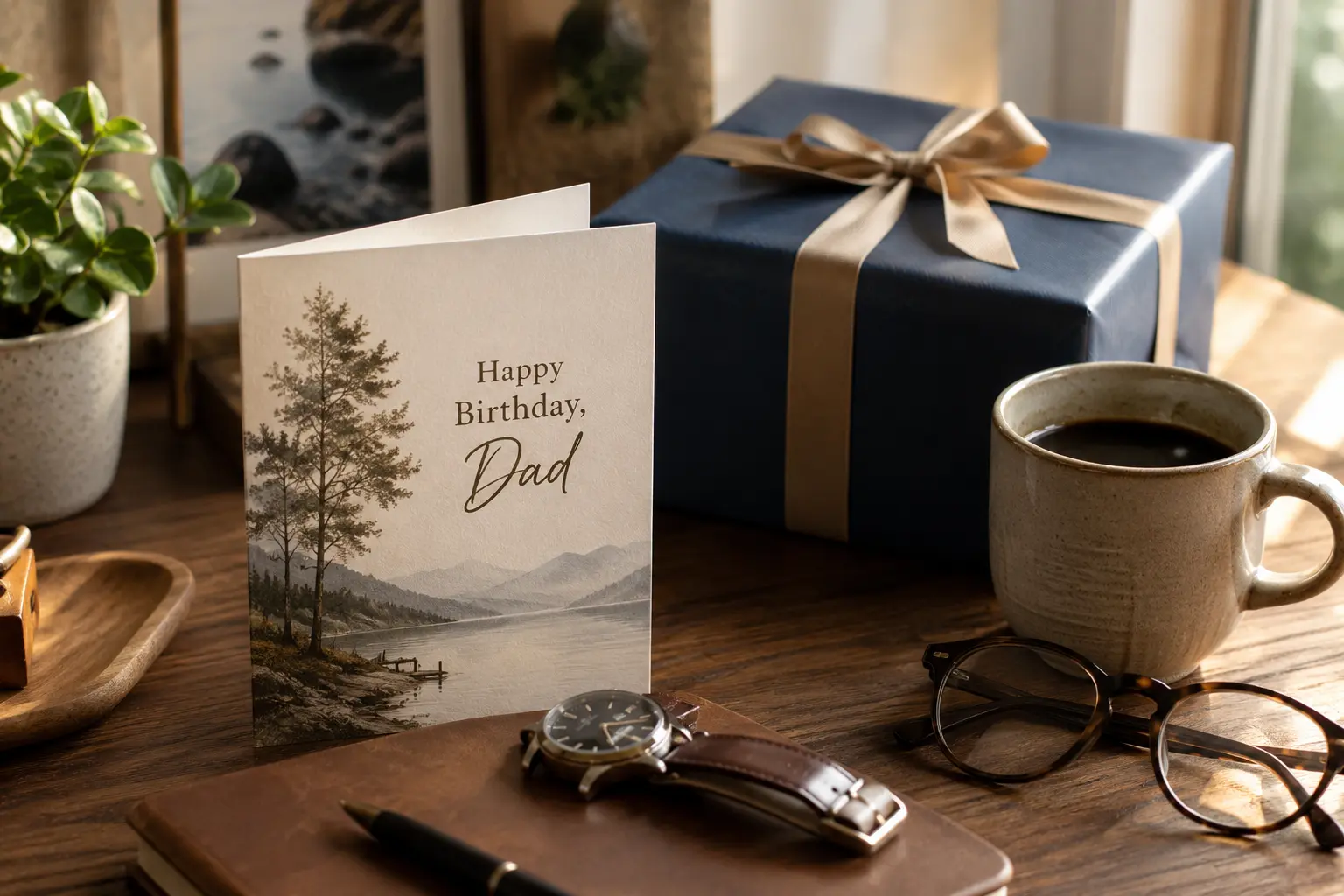 Clean emotional featured image for birthday wishes for dad with a greeting card, flowers, and warm natural lighting.