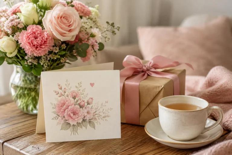 Clean emotional featured image for birthday wishes for mom with a greeting card, flowers, and warm natural lighting.