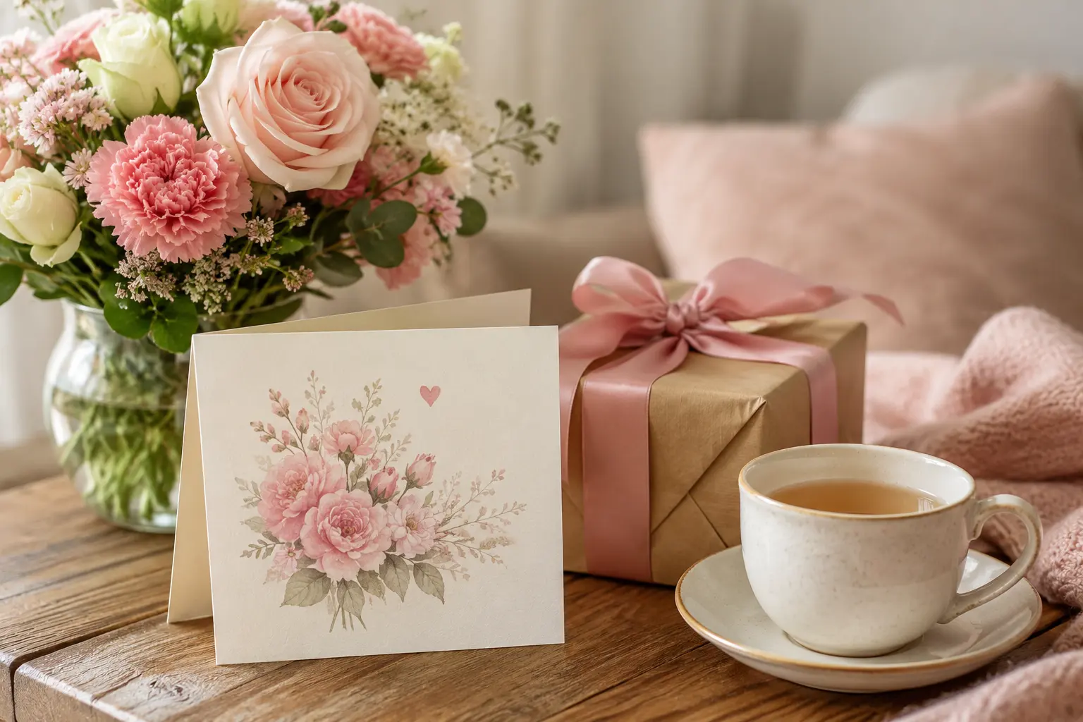 Clean emotional featured image for birthday wishes for mom with a greeting card, flowers, and warm natural lighting.