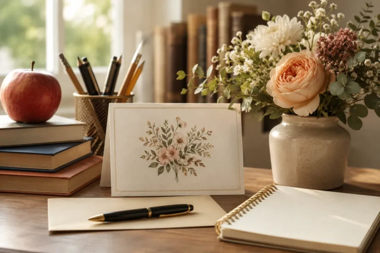 Clean emotional featured image for birthday wishes for teacher with a greeting card, flowers, and warm natural lighting.