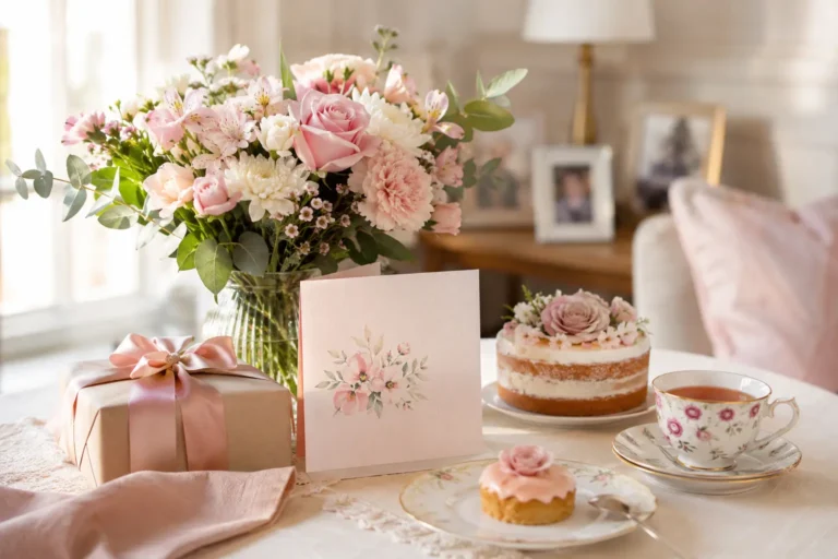 Clean natural featured image for birthday wishes for aunt with a birthday card, gift, and warm lifestyle setting.