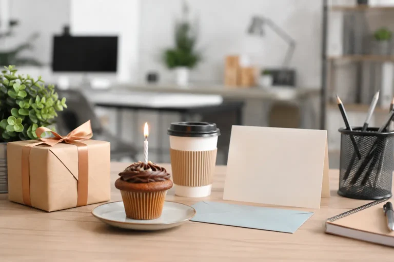 Clean natural featured image for birthday wishes for coworker with a birthday card, gift, and warm lifestyle setting.