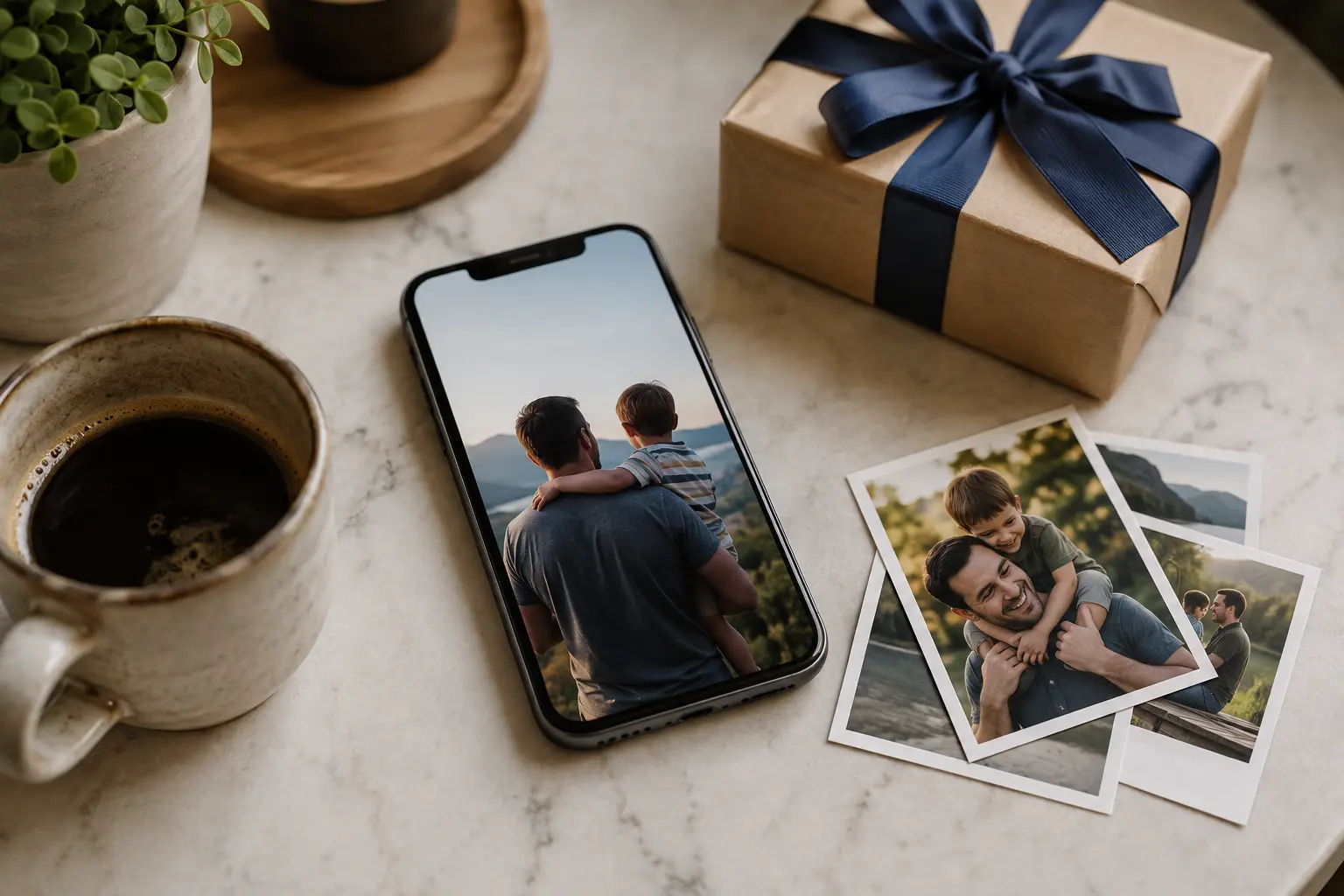 Clean natural featured image for father’s day captions with a Father’s Day card, gift, coffee, and warm lifestyle setting.