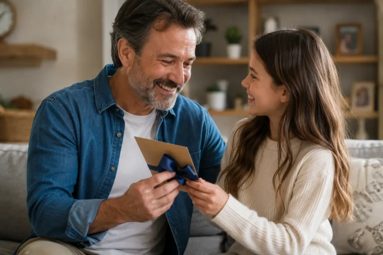 Clean natural featured image for father’s day messages from daughter with a Father’s Day card, gift, coffee, and warm lifestyle setting.