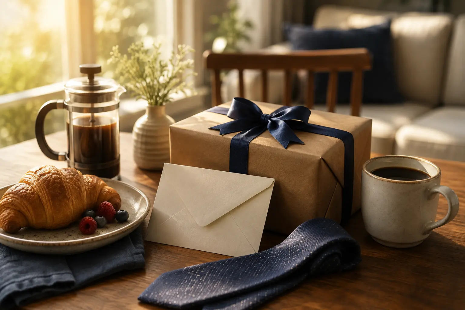 Clean natural featured image for father’s day wishes with a Father’s Day card, gift, coffee, and warm lifestyle setting.