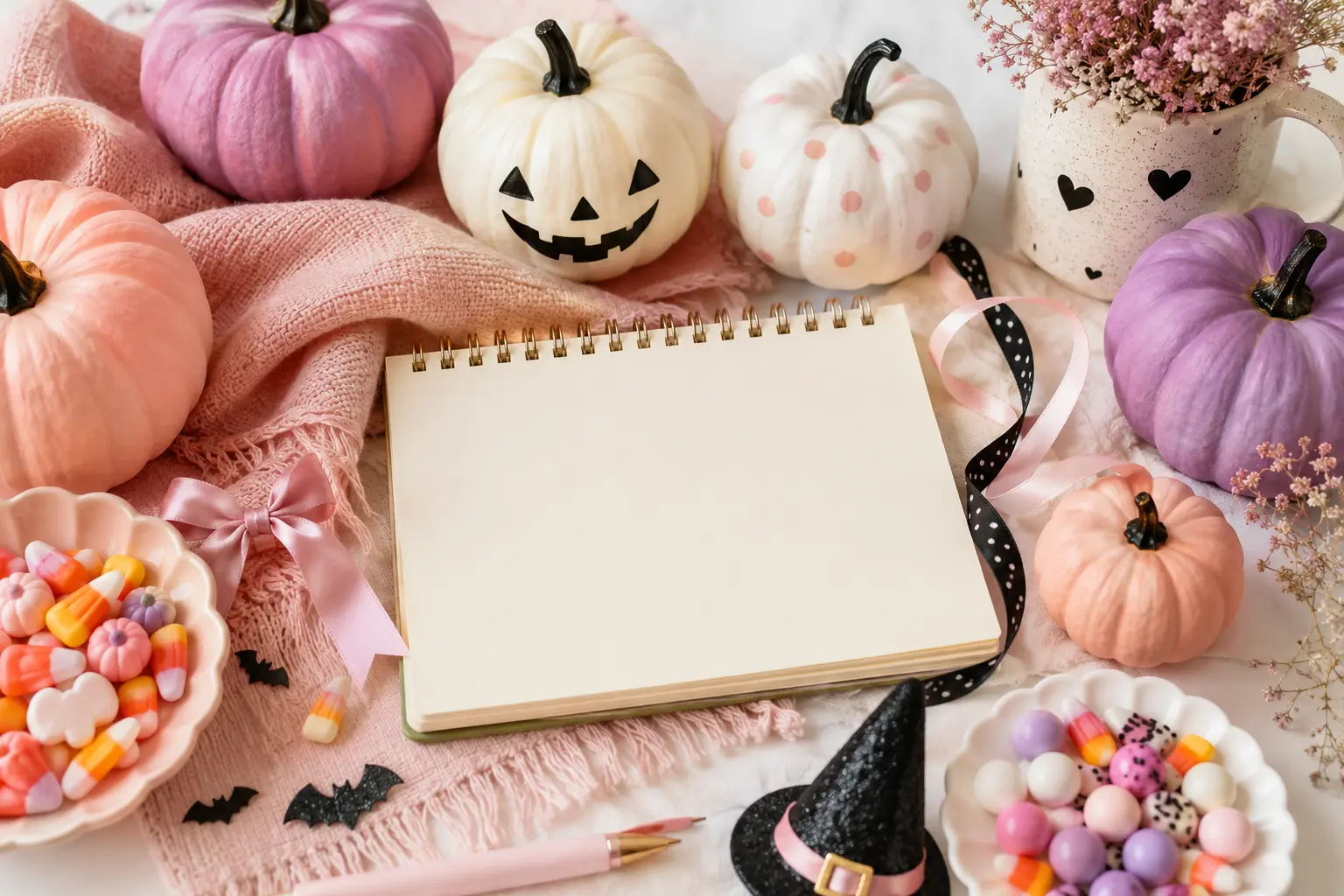 Clean seasonal featured image for cute halloween captions with pumpkins, cozy autumn details, greeting card, and warm natural lighting.
