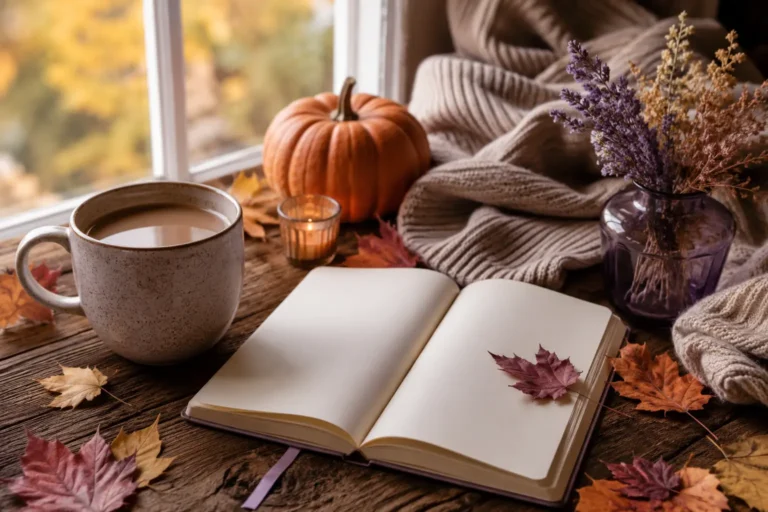 Clean seasonal featured image for fall captions with pumpkins, cozy autumn details, greeting card, and warm natural lighting.