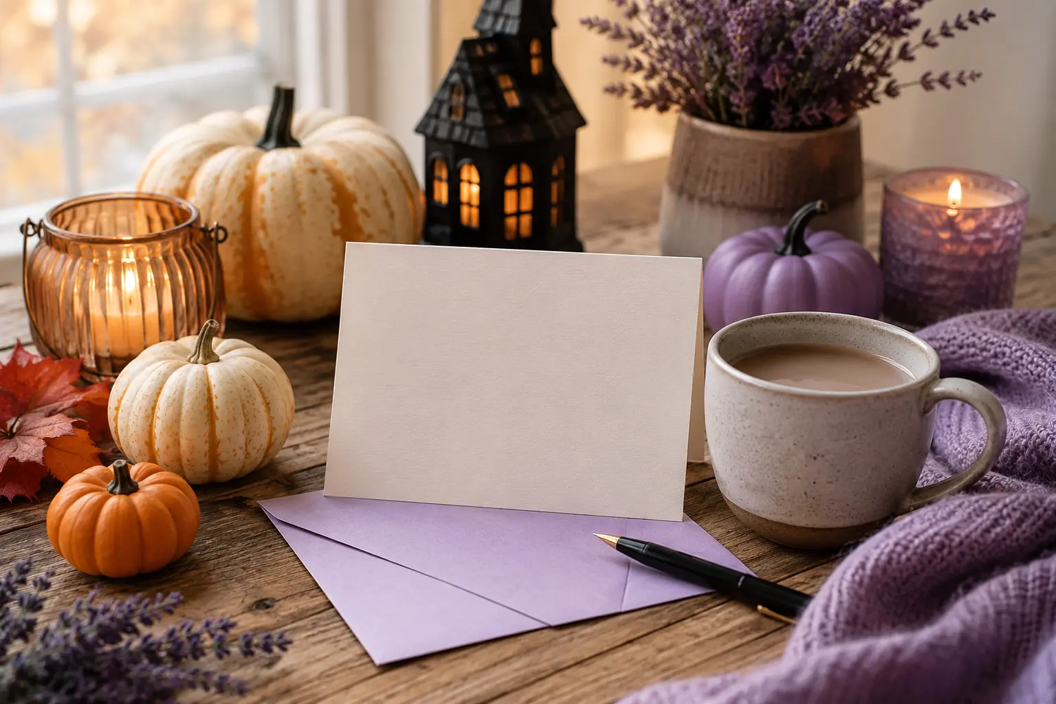 Clean seasonal featured image for funny halloween messages with pumpkins, cozy autumn details, greeting card, and warm natural lighting.