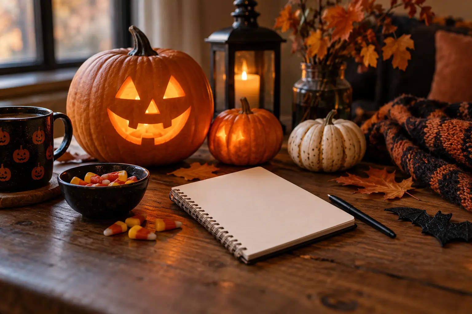 Clean Halloween featured image with pumpkins, candy, costume details, cozy lights, and a blank caption card.