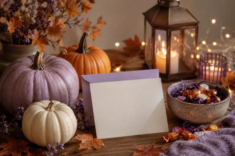 Clean seasonal featured image for halloween messages with pumpkins, cozy autumn details, greeting card, and warm natural lighting.