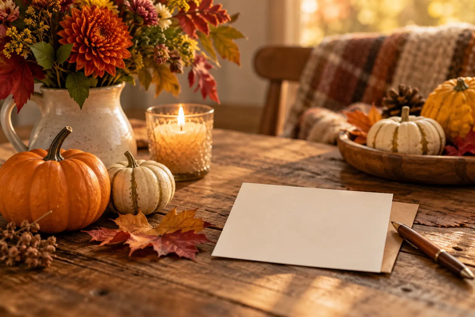 Clean Thanksgiving featured image with autumn leaves, pumpkins, gratitude card, warm table setting, and soft natural light.